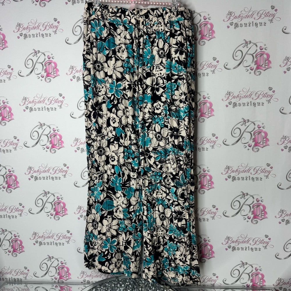Elisa pants flare flowers black blue white Floral Print flowy wide leg